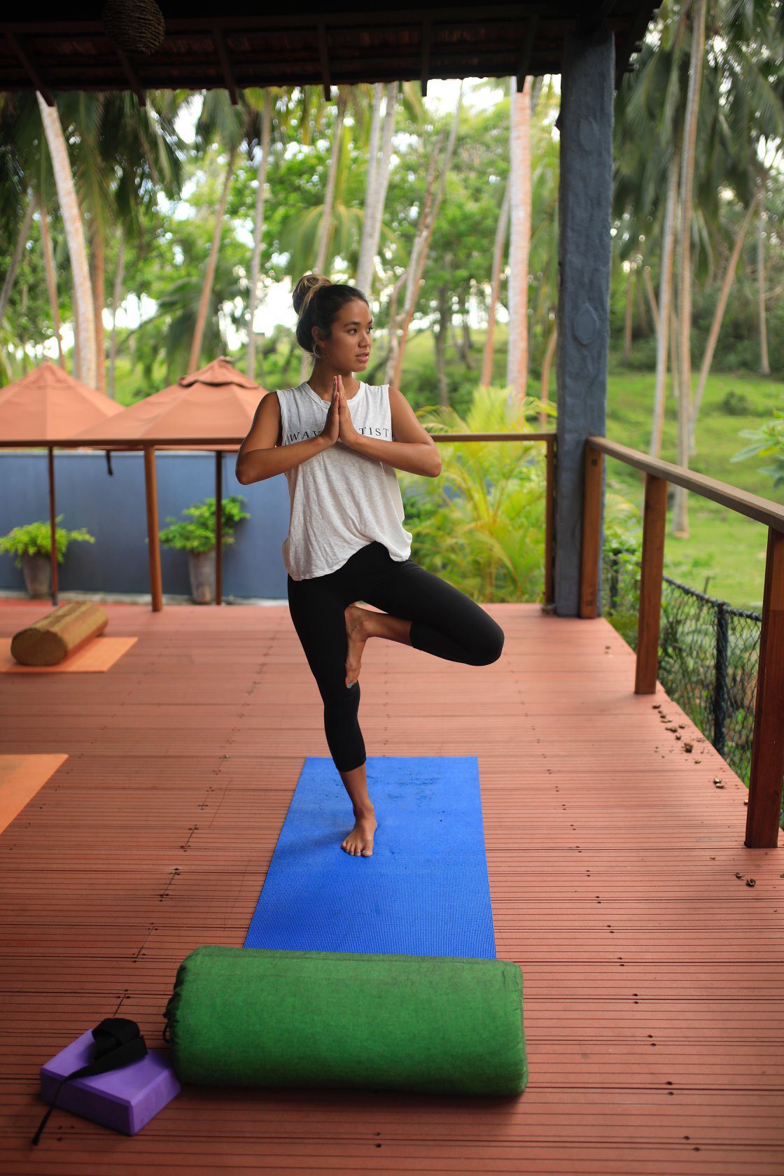 Activities 7 Rooftop yoga, tree pose, at Jasper House, Hiriketiya